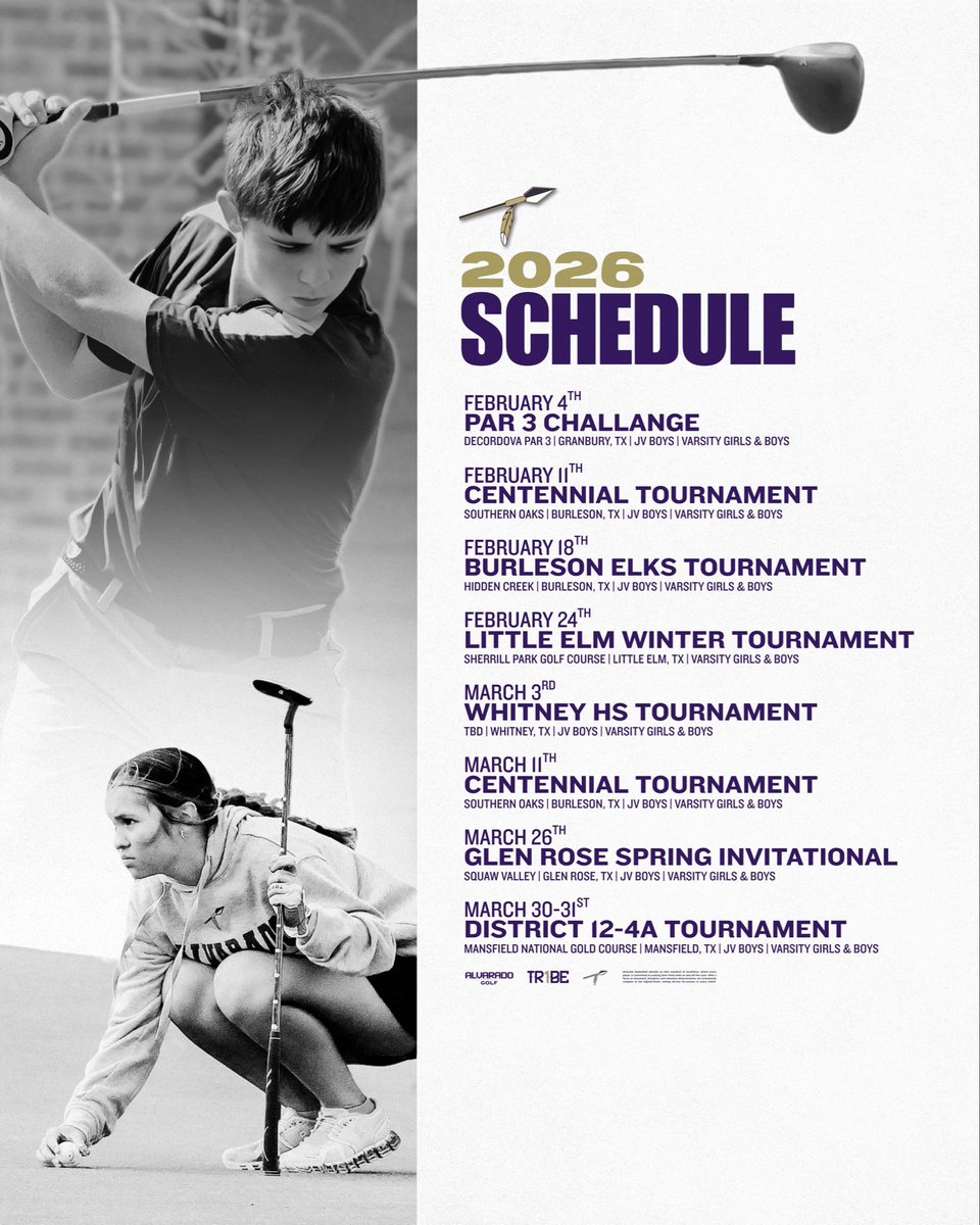 AlvaradoSports1's tweet photo. 🏹⛳️ 𝒮𝒞𝐻𝐸𝒟𝒰𝐿𝐸 𝑅𝐸𝐿𝐸𝒜𝒮𝐸 ⛳️🏹

Mark your calendars! The 2026 𝗜𝗻𝗱𝗶𝗮𝗻 𝗚𝗼𝗹𝗳 𝗦𝗲𝗮𝘀𝗼𝗻 is here! The first tournament is on Wednesday! 

Go Indians!

#AlvaradoExcellence #TR1BE https://t.co/Mu1YnyOQa8