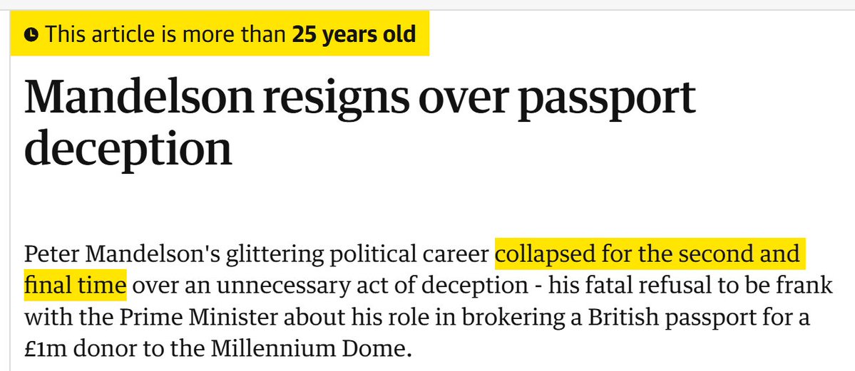 I love that the Guardian reported Peter Mandelson's career as being over for the "final time" 25 years ago.