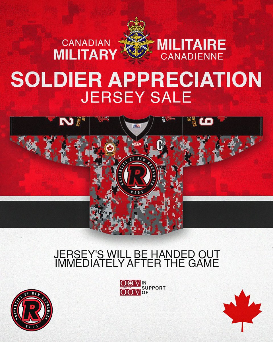 UNBAthletics's tweet photo. SOLDIER APPRECIATION NIGHT 

This Friday at the Aitken Centre, we honour those who serve 🇨🇦

🏒 Men's Hockey vs. SMU
⏰ 7:00 PM
🏟️ Aitken Centre

The 2026 REDS Soldier Appreciation Jersey will be available for purchase at the game and distributed following the final buzzer. https://t.co/eunYIZnTXJ
