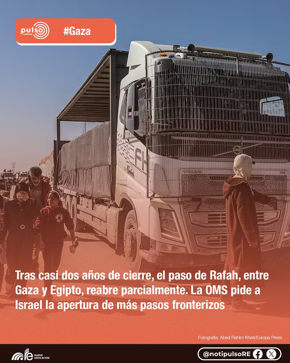 notipulsoRE's tweet image. Después de casi dos años reabrió el paso fronterizo de #Rafah, que conecta #Gaza con Egipto. La Organización Mundial de la Salud llama a Israel a la apertura de más pasos fronterizos que permitan atender a 18 mil 500 pacientes de la Franja de Gaza. 🇵🇸

#PulsoNoticias 📻