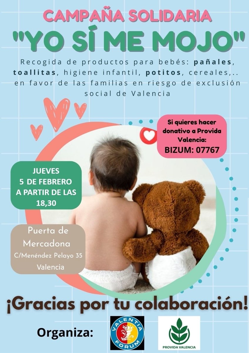 📢 Este próximo jueves 5 de febrero a partir de las 18:30 iniciamos la campaña solidaria de recogida de productos para bebés con <a href="/provida/">PV</a> Valencia
➡️ Os esperamos en las puertas del Mercadona de la calle Menéndez y Pelayo 35
#ProVida #SiALaVida #valentiaforum #ProvidaValencia