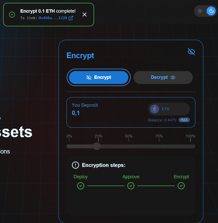 Just wrapped up testing <a href="/RedactMoney/">Redact ⚪️</a> on <a href="/fhenix/"></a> and honestly, pretty smooth experience.

Tested both sides: 
Encrypting assets (ETH -> eETH) 
Decrypting when needed

Here's what you need to get started:

Requirements:
USDC, EURC, and ETH on Sepolia testnet
Grab test tokens