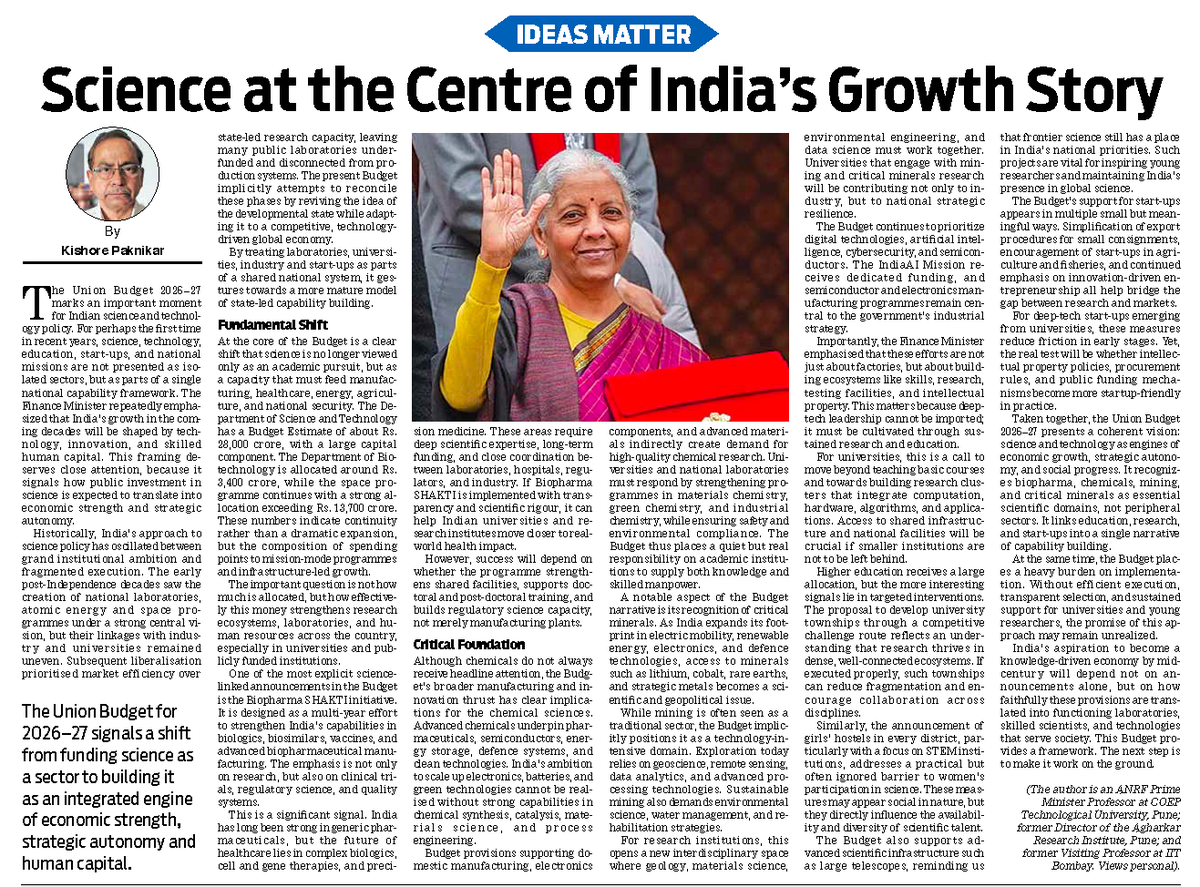 Union Budget 2026–27 places science and technology at the heart of India’s growth strategy.

From biopharma and semiconductors to critical minerals and university research, the focus is on building national capability, not isolated projects.

Read more:
theperfectvoice.in/post/science-a…