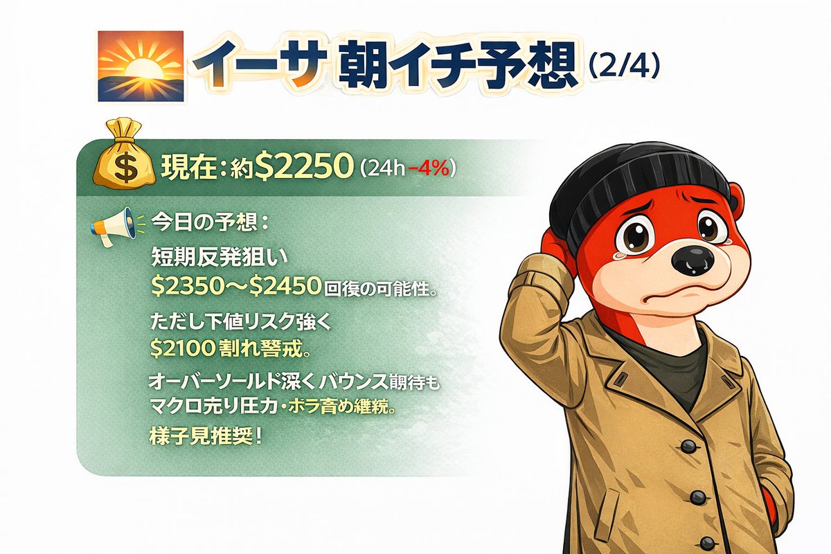 Issan00's tweet photo. 🌅イーサ 朝イチ予想（2/4）
💰現在：約$2250 （24h -4%）
📢今日の予想：短期反発狙い$2350〜$2450回復の可能性。
ただし下値リスク強く$2100割れ警戒。
オーバーソールド深くバウンス期待もマクロ売り圧力・ボラ高め継続。
様子見推奨！
#イーサリアム #ETH https://t.co/iqKpN0bH3F