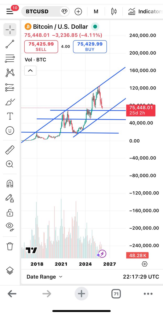 Here’s my big BTC chart..

Likely we’ll see 68k support and then begin the long climb back up, probably hitting 180k in 2029.

Lots of noise out there, lots of predictions, but Bitcoin just follows its course. A peak every 4 years then a crash, it is programmed. #btc #bitcoin
