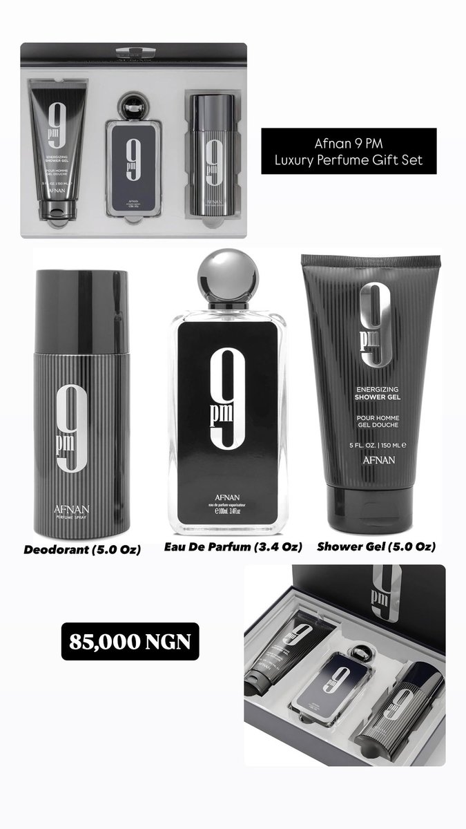 Afnan 9 PM 3-in-1 Gift Set available for just 85,000 NGN
Send us a DM to place an order🥰💌
Nationwide Delivery🚚🇳🇬