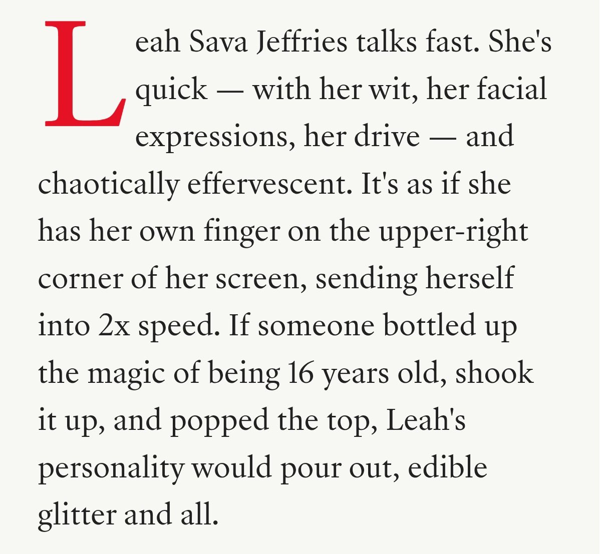 burnitpercabeth's tweet photo. “If someone bottled up the magic of being 16 years old, shook it up, and popped the top, Leah's personality would pour out, edible glitter and all.” 
dont mind me i am just crying. https://t.co/TQPD1qRW2C