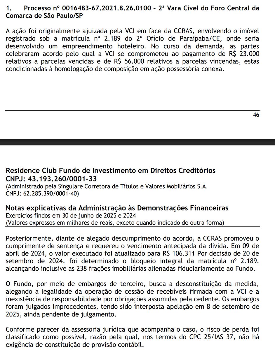 fiinewspaper's tweet photo. #URPR11 #LIFE11
RESIDENCE CLUB FUNDO DE INVESTIMENTO EM DIREITOS CREDITÓRIOS FIDC
43.193.260/0001-33
Gestão: Carmel Gestora de Ativos Ltda.
Rating: Austin Rating (16set24) Perspectiva Estável, com validade até 30jul2025
Cota Sênior 1a e 3a Séries: 'brBB(sf)'
Cotas Subordinadas Mezanino Classe B: 'brB+(sf)'
Cotas Subordinadas Mezanino Classe A: 'brB+(sf)'
https://t.co/3SrOaF2hhI
*Austin destacou: Em relação ao andamento de obras, não foram disponibilizadas novas medições.
**Não foi localizada a atualização do relatório de rating no Fnet
Documentos disponíveis sobre o FIDC Residence Club no Fnet:
https://t.co/ZxrRmSPVEg
FATO RELEVANTE 07/11/2025
Em razão do aumento do provisionamento para devedores duvidosos (PDD), o patrimônio líquido do FUNDO apresentou uma variação negativa de 15,38% na data de 03 de novembro de 2025.
https://t.co/Z4NXZibvgi
Informe Mensal Estruturado 11/2025
▶️Atualizou a Provisão para Redução no Valor de Recuperação para (-)R$ 193.986.278,37
https://t.co/btXUXzLnXk
Demonstrações Financeiras 30/06/2025
Parecer de auditoria com Ênfases:
▶️Alienação fiduciária dos direitos creditórios: vide nota explicativa 24. Demanda Judicial envolvendo imóvel alienado fiduciariamente ao FIDC, em que o fundo não integra de forma direta, teve decretada a indisponibilidade da matrícula 2.189 do 2o Ofício de Paraipaba/CE. Que pode afetar as frações imobiliárias que compõem empreendimento em desenvolvimento.
▶️Desenquadramento do índice de subordinação: vide nota explicativa 13. Em 30jun25 o PL da classe subordinada representaca 0% do o PL do fundo (mínimo deveria ser 30%). Foi deliberado e aprovado plano de resolução de desenquadramento em até 163 dias, previsto para encerrar em 30jan2026.
Distratos:
▶️Segundo Nota Explicativa 6.7, no exercício encerrado em 30jun25, houve recompra e distrato de direitos creditórios de R$ 97,23mm (R$ 95,24mm no ano anterior). Representa 64,73% do total de baixas, cujo limite é 70%, portanto enquadrado dentro do regulamento (item 13.7).
https://t.co/8x7vKMbcOa