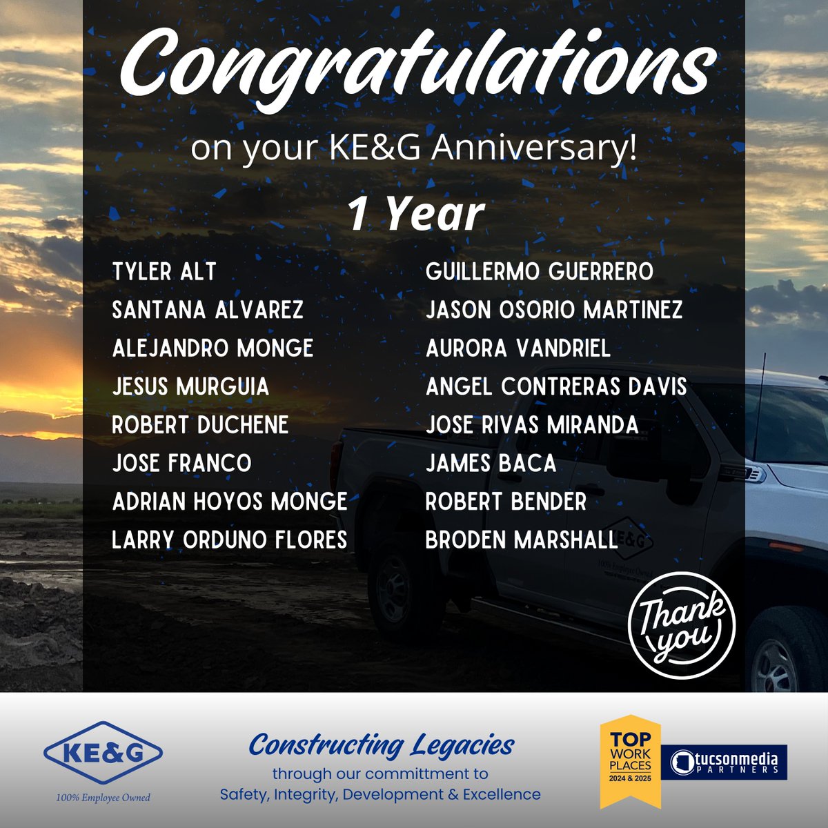 construction_ke's tweet photo. 🎉 Happy 1-Year Anniversary! 🎉

Today we’re celebrating our team members who have reached their first year with KE&amp;G!

👏 Congratulations on one year!

#EmployeeAnniversary #OneYearStrong #KEGTeam https://t.co/iWJQxpHW3X