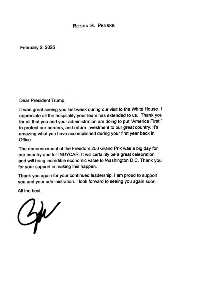 TrumpDailyPosts's tweet photo. Donald J. Trump Truth Social Post 03:12 PM EST 02.02.26

President Trump posts letter from Roger Penske and their announcement of the Freedom 250 Grand Prix in Washington D.C. for America's 250 year anniversary of FREEDOM.