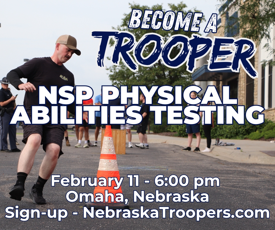 NEStatePatrol's tweet photo. Attention Omaha Metro Area future troopers: Your opportunity to become a Nebraska State Trooper is right around the corner!

NSP is holding a Physical Abilities Test Wednesday, February 11 in Omaha. Applications open March 2.

Sign-up here: https://t.co/2kzEPeTBQa https://t.co/5HJkbSioW5