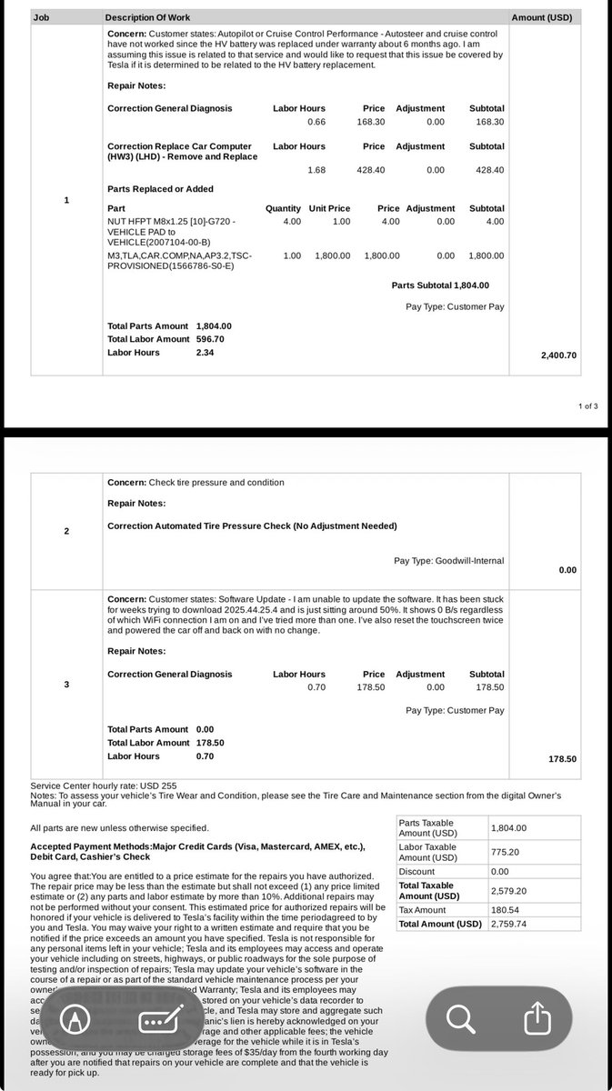 codevibes78's tweet photo. Invoice attached. This is a one owner car with 31k miles that has had the HV battery and now the entire computer needing to be replaced. https://t.co/NFDKf7gHPx