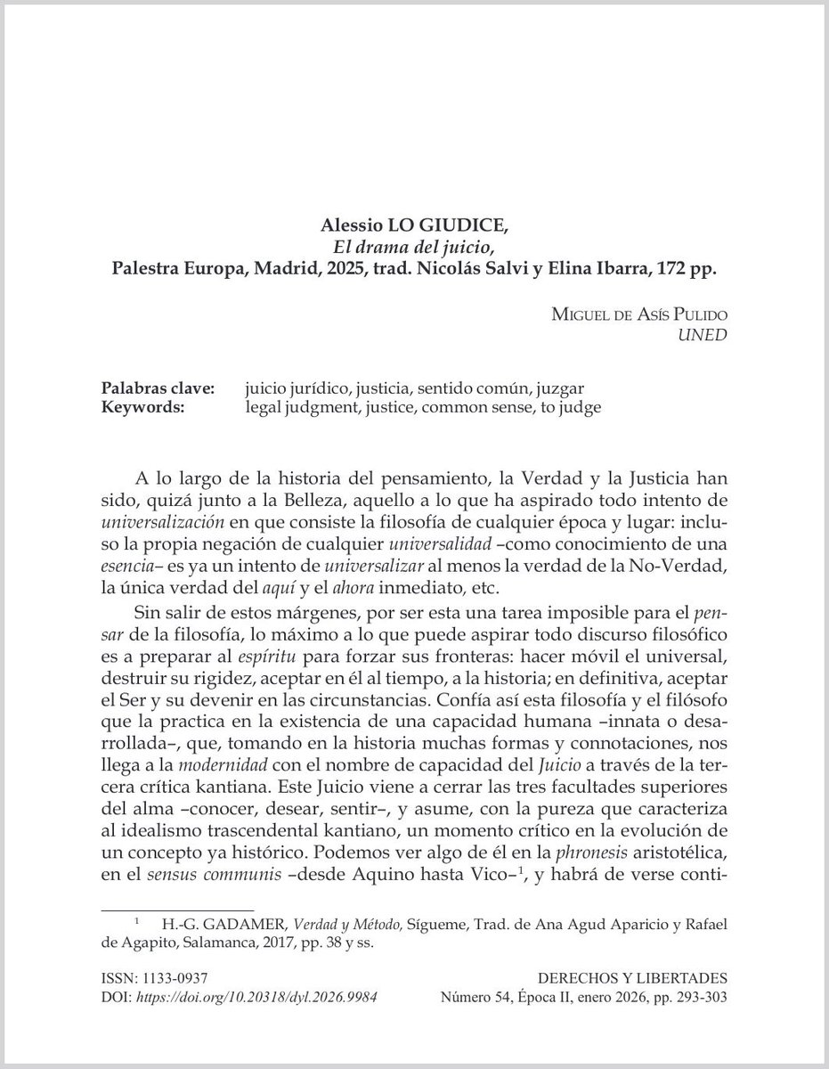 DeryLib's tweet image. 📘 #RevistaDerechosyLibertades Nº 54 (2026) @idhbc_uc3m @uc3m @dykinsonlibros

📣 Hoy en la sección #Recensiones 🖋️ “El drama del juicio” de #AlessioLoGiudice a cargo de @migueldeasis10

⬇️ ¡Léelo aquí! ⬇️ #OpenAccess
🔗 doi.org/10.20318/dyl.2…