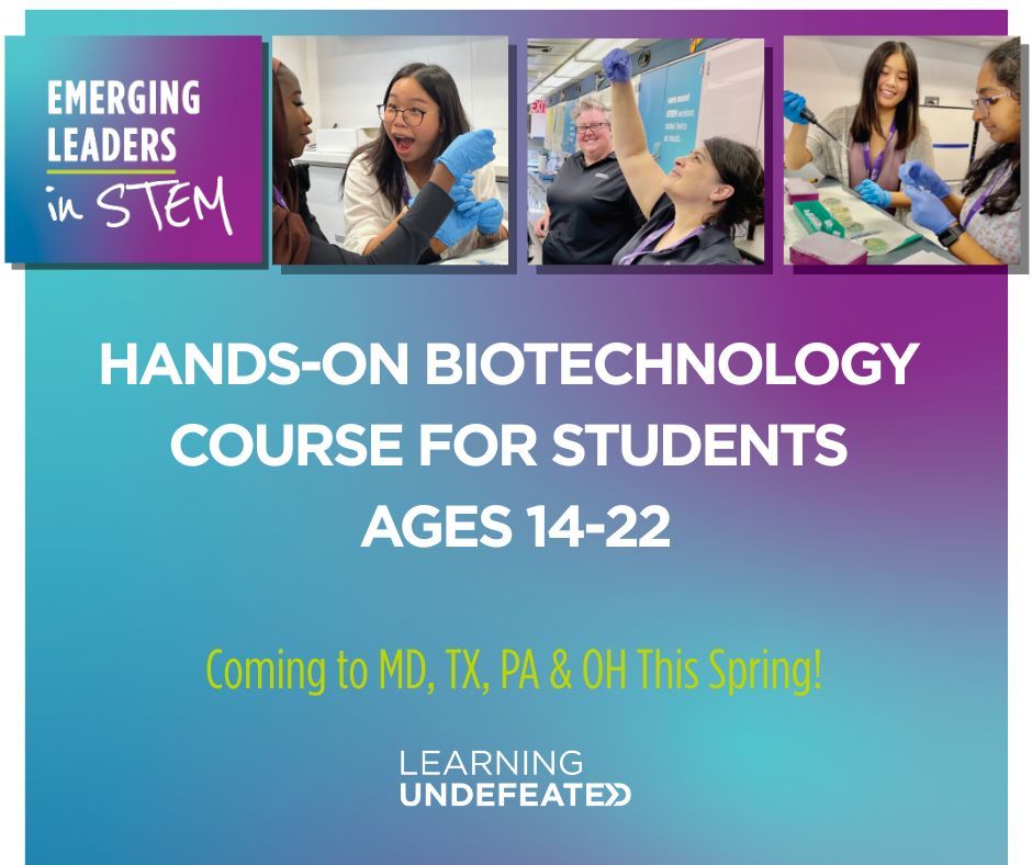 LearningUNDFTD's tweet image. Applications are officially OPEN for our 2026 Emerging Leaders in STEM #biotechnology course!

Free virtual spring sessions + week-long summer labs, now in MD, OH, PA &amp;amp; TX. High school &amp;amp; college students real lab skills, meet mentors &amp;amp; receive a stipend: bit.ly/EmergingLeader…