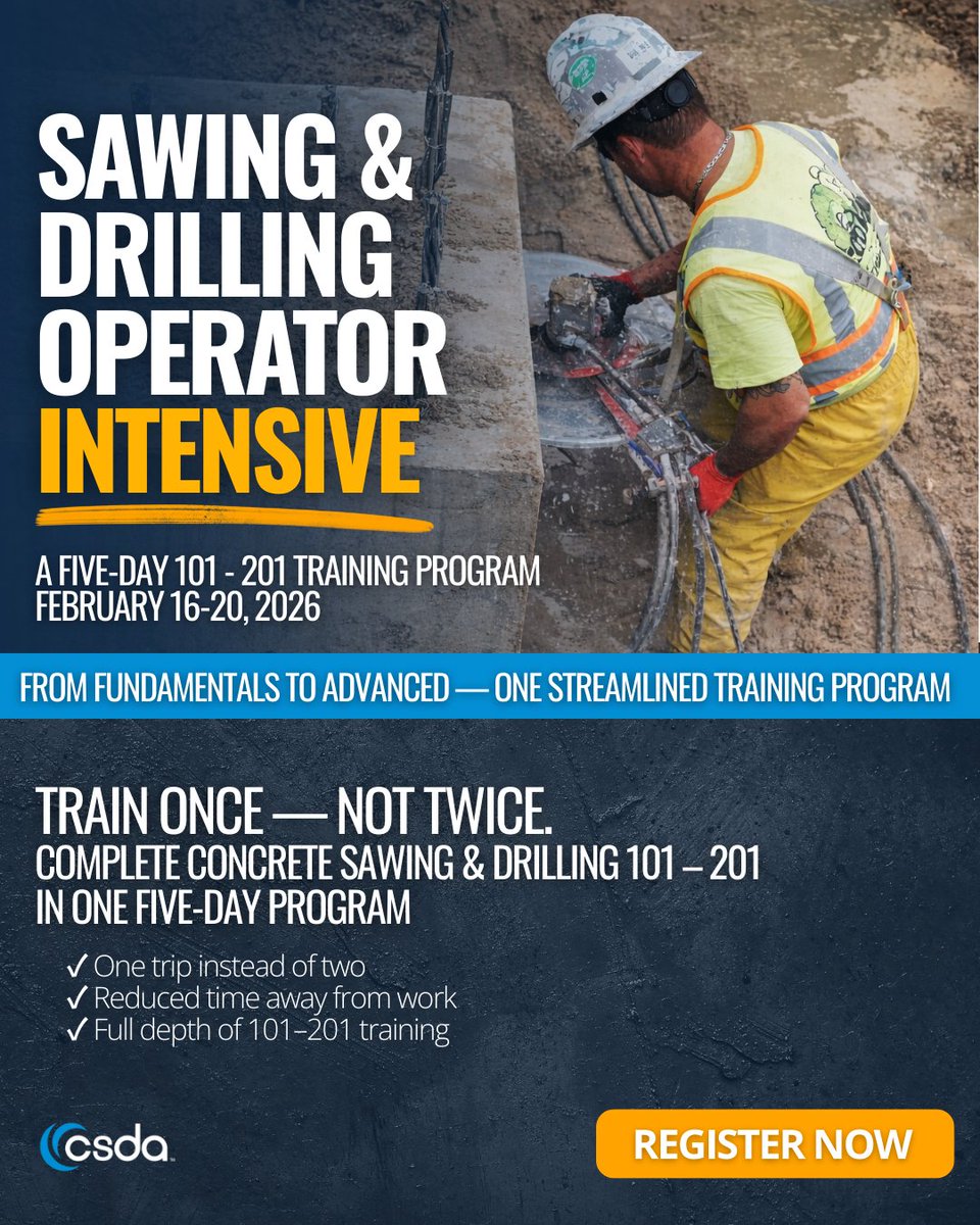 CSDAconcrete's tweet photo. From fundamentals to advanced — all in one intensive. 
The Sawing &amp; Drilling Operator Intensive combines Concrete Sawing &amp; Drilling 101 and 201 into one streamlined, https://t.co/kHDVtmeCEK