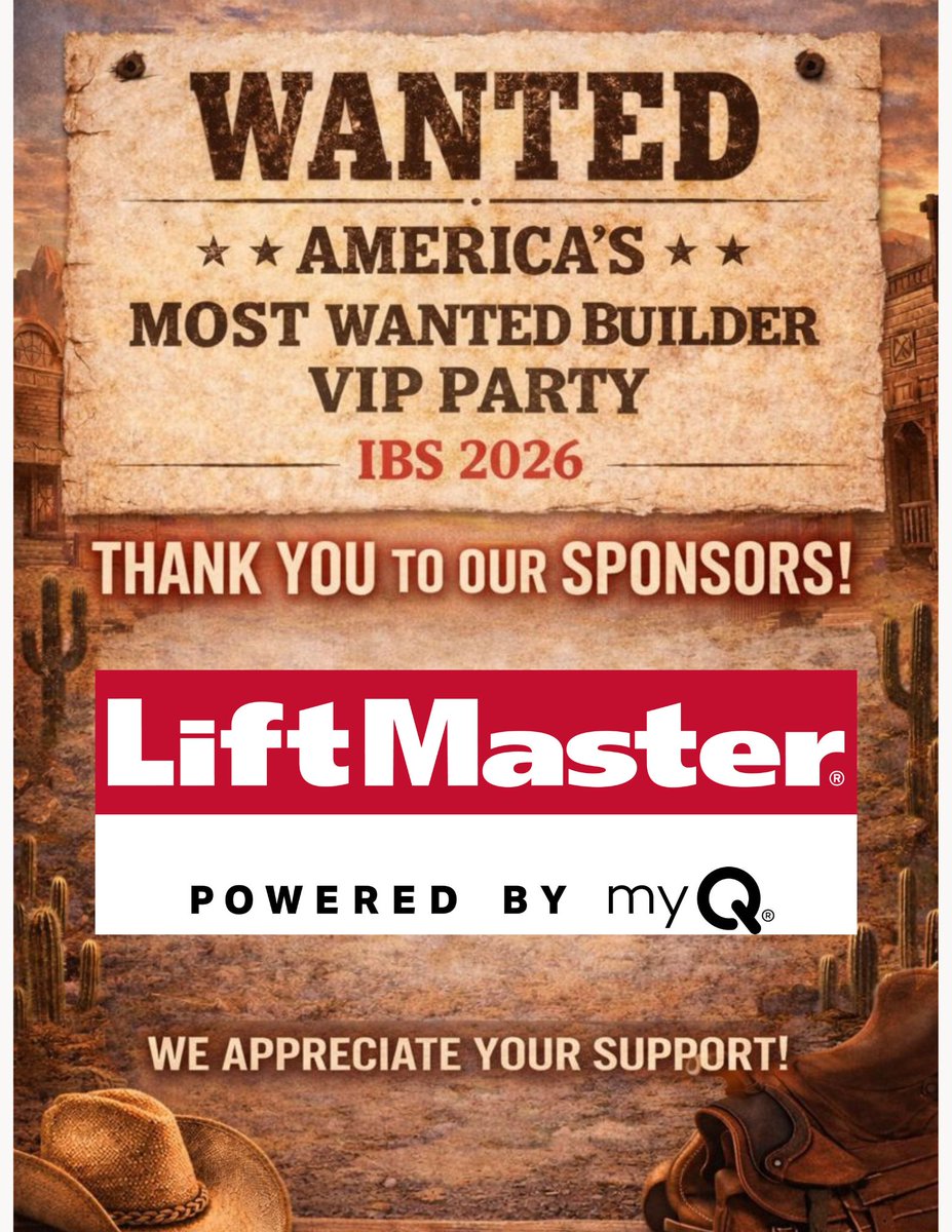 Builder_VIParty's tweet photo. Thank you to LiftMaster for sponsoring our America’s Most Wanted Builder VIP Party at IBS 2026. We appreciate your support and are grateful to have you as part of the celebration.

#ThankYouSponsors #IBS2026 #LiftMaster #americasmostwantedbuildervipparty https://t.co/ucVm731fFI