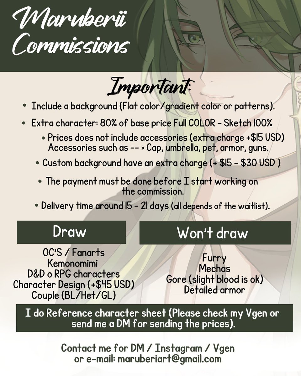 Hi everyone!! here left my price list of commissions ♡

- If you're interested, I would be glad to take it ♡
- You can check my terms of my services here: maruberii.carrd.co/#

★ My Vgen page: vgen.co/maruberii

Feel free to contact me if you have any doubt
 (˵ • ᴗ