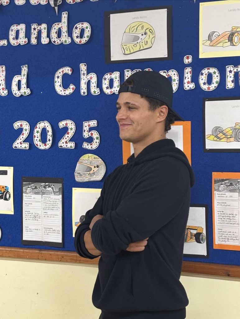 ln4norris's tweet image. the words of a volunteer at lando’s first primary school after his visit today:

“he spoke with humility, spent lots of time with the children, waved the black and white flag at the finish line of the scooter race, and inspired 180 kids just by being kind, present, and grounded.…