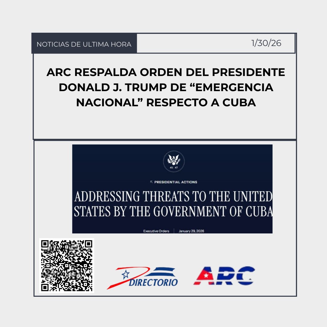 #cuba #salvaracuba Con gran entusiasmo conocidos líderes de organizaciones del exilio cubano, parte del Secretariado de la Asamblea de la Resistencia Cubana (ARC), expresan su respaldo a la orden presidencial de “Emergencia Nacional,” declarada por el Presidente Donald J. Trump,