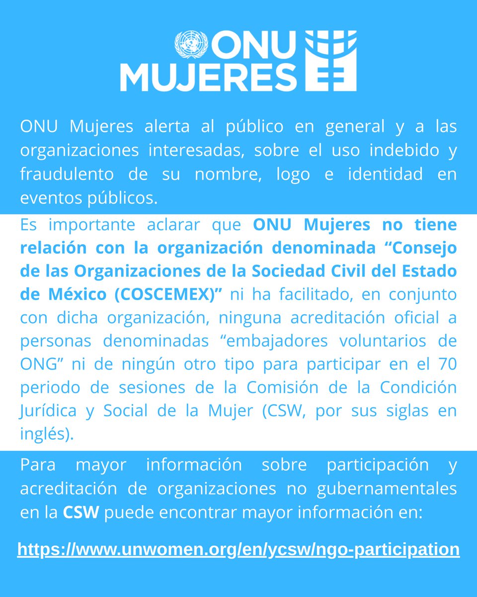 ONUMujeresMX's tweet photo. 🚨ONU Mujeres en México alerta sobre el uso fraudulento de su nombre, logo e identidad en eventos públicos. 

@ONUMX
👉https://t.co/5ing12oH4W https://t.co/gPQR0YUw9P