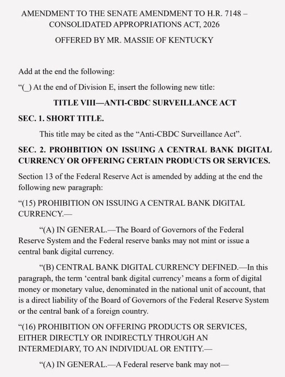 NEW: Rep. Thomas Massie says he introduced multiple amendments to the omnibus bill that were all blocked.

These include a proposal to prohibit the creation of central bank digital currencies, which he warns would enable financial surveillance and control over Americans’ wallets.