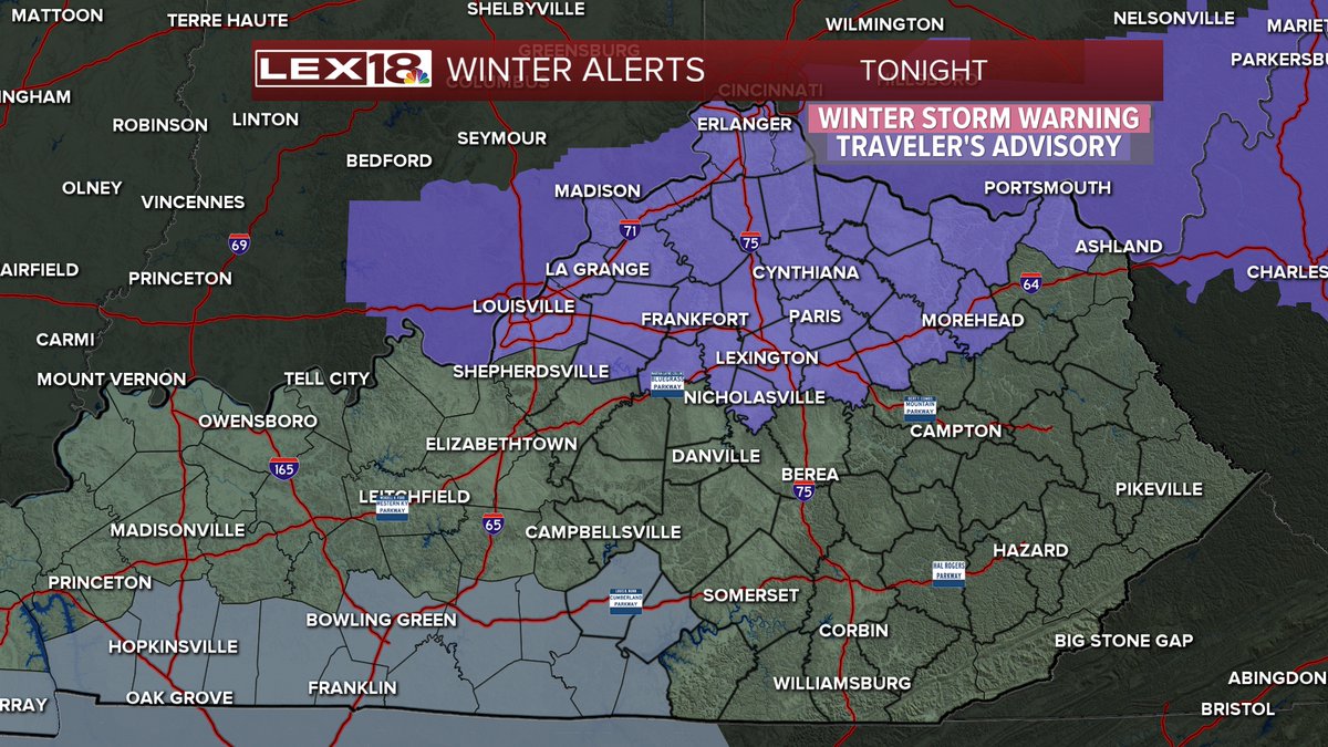 BillMeck's tweet photo. We have a Traveler's Advisory in place from I-64 and north tonight. A light mix of snow and freezing drizzle may lead to more slick roads tonight on top of the lingering ice. Accumulations look to be light with most an inch or less, but dropping temps may lead to more ice.
#kywx https://t.co/A6TCdFfvvb