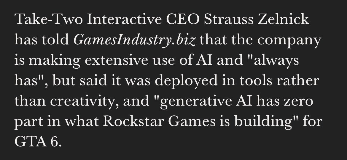 loschaostv's tweet photo. Take-Two CEO Strauss Zelnick has confirmed that Rockstar Games has not at all utilised generative AI in the creation of GTA 6.

Strauss has said before that AI will never be a substitute for human creativity and I’m glad that they’re sticking to that. https://t.co/GeqXSBT221