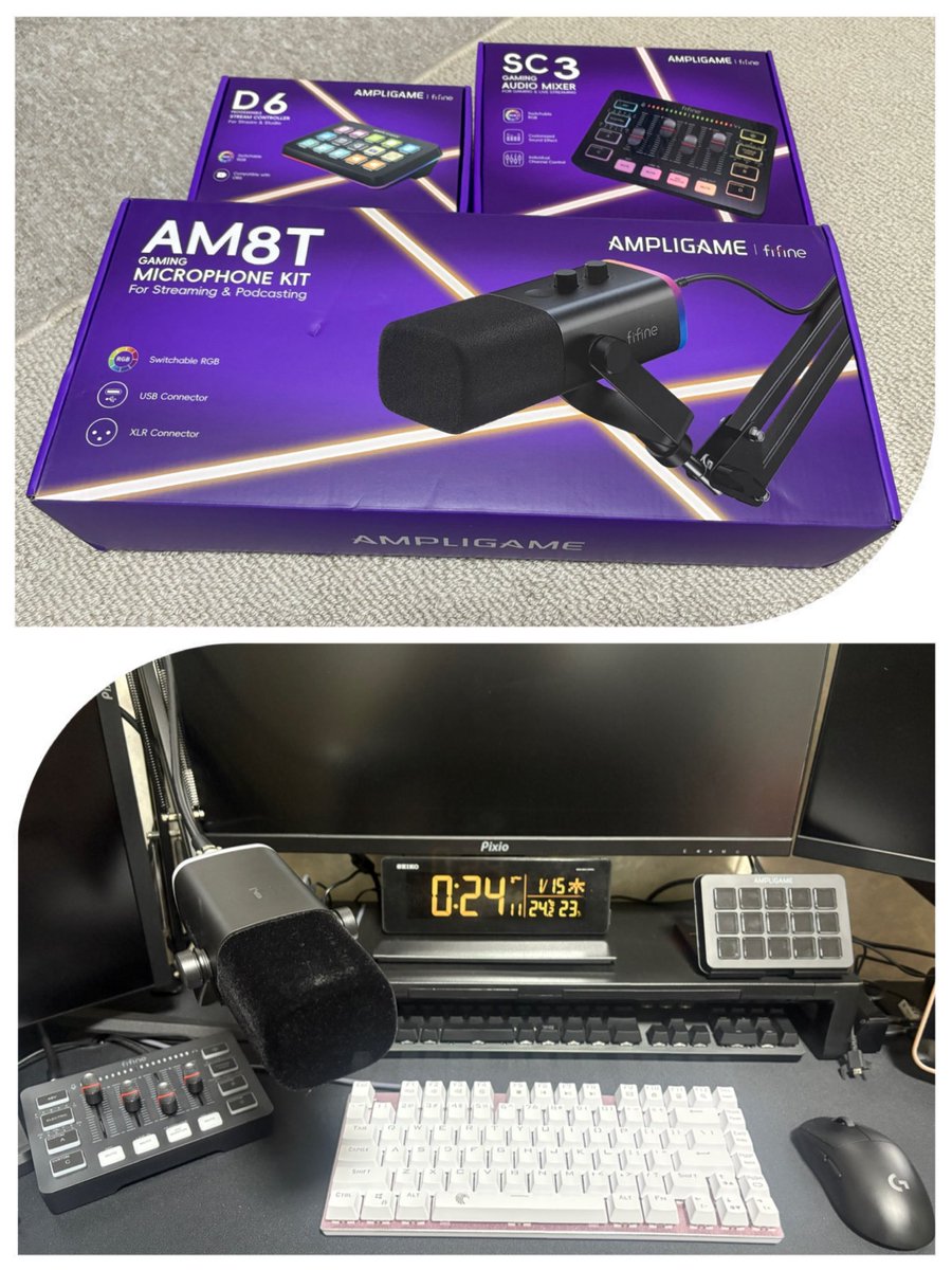 hinasato_1008's tweet photo. 年末から少しづつ周辺機器を揃えてました🤣

マイクをタイプCではなくXLRケーブルで繋ぐと光らないのは残念だった🥲
 #fifine
 #D6
 #SC3
 #AM8T https://t.co/icPpvMmxG2