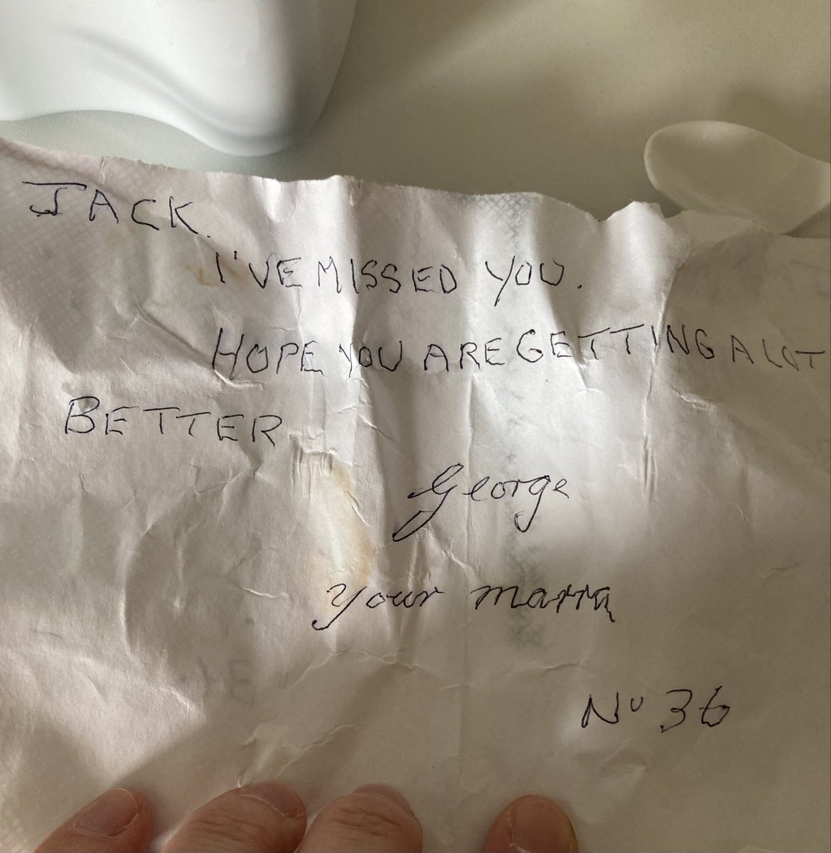 My late Granda lived in the flat opposite George for a spell, in assisted living at Silksworth. Not long before my Granda passed he was admitted to Sunderland hospital, and George asked for this note to be delivered. A lovely, legend of a bloke.