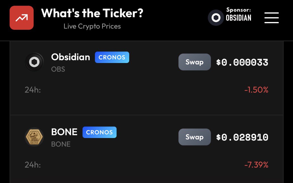 PROMOTED TOKEN #3 ⚡️⚡️⚡️

$BONE joined the top 3 tokens of the Ticker App for the next YEAR.

Sponsorship utility:
<a href="/CroHound_GODS/">CroHounds | $BONE</a> got 50% price reduction because they have LP seeded on Obsidian. 

Swap &amp; Stake on: <a href="/ObsidianSwap/">ObsidianSwap | SWAP. CLAIM. WIN!!</a>
