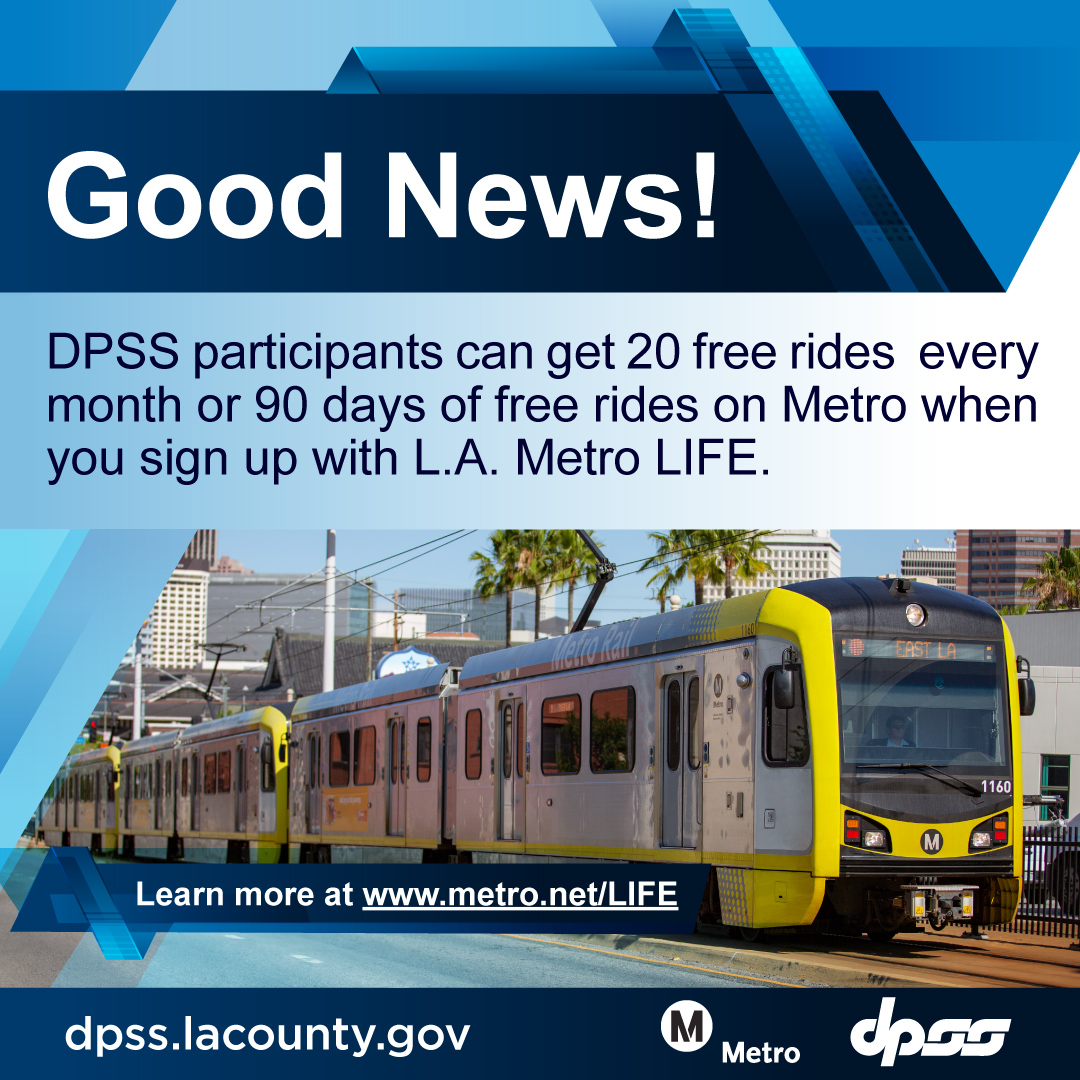 LACo_DPSS's tweet image. Qualifying #LACounty residents and DPSS customers can enjoy 20 free rides every month on Metro or a discounted pass on another participating transit agency. Sign up and get unlimited free rides for the first 90 days. 🚍🚇🚆

Learn more: metro.net/LIFE.

@metrolosangeles