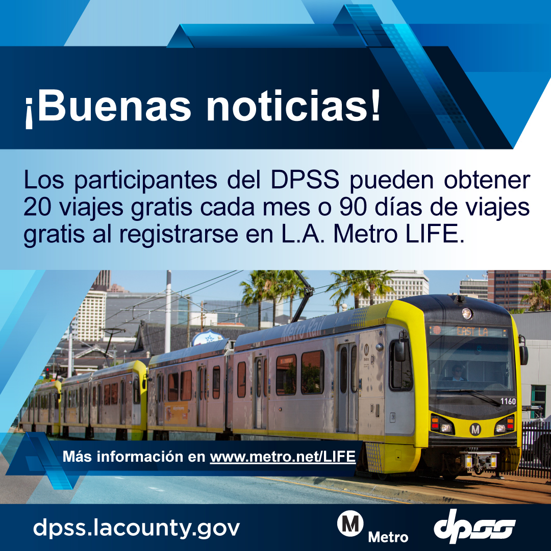 LACo_DPSS's tweet image. Qualifying #LACounty residents and DPSS customers can enjoy 20 free rides every month on Metro or a discounted pass on another participating transit agency. Sign up and get unlimited free rides for the first 90 days. 🚍🚇🚆

Learn more: metro.net/LIFE.

@metrolosangeles
