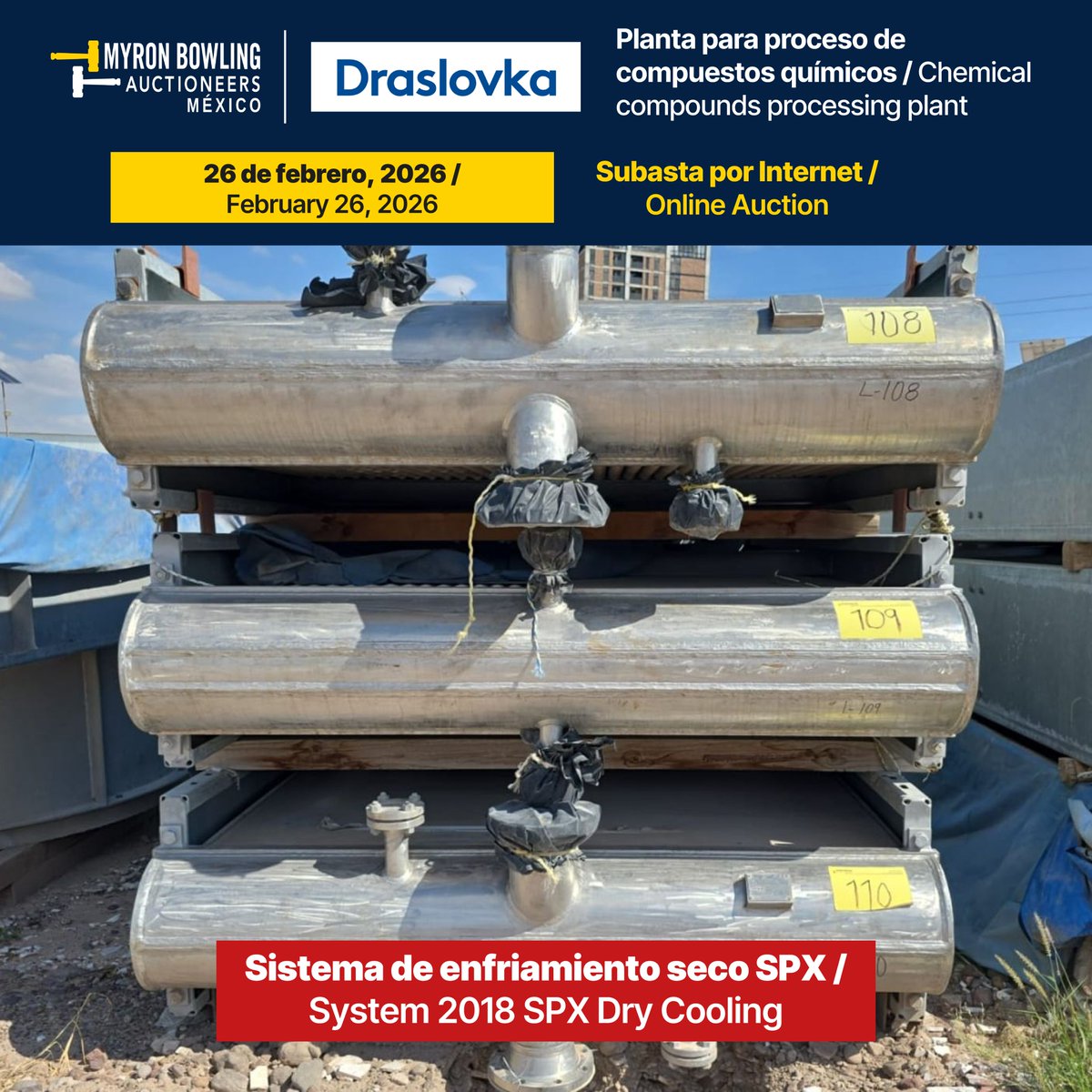 Sistema de enfriamiento seco nuevo SPX (2018) por aire forzado, con enfriador de aletas e intercambiador de calor marca Pahapur, modelo 10880/2146-6R-ET, fabricado en Suiza. Cuenta con eficiencia térmica de 7.9 °C y capacidad de 7.53 MW. Presión de operación hasta 7 bar,