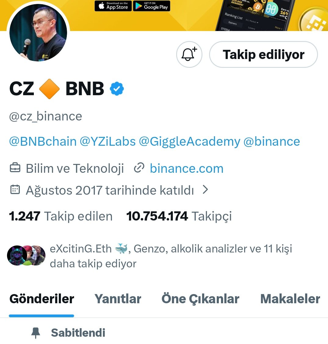 Tepki olarak <a href="/cz_binance/">CZ 🔶 BNB</a> takipten cikiyorum

Türkiye'deki herkese ulaşması için
Beğen paylaş arkadaşını etiketle
Takibi biraktigina dair Yoruma görsel bırak

Türk topluluğu olarak 
Bakalım kaç kişi destek verecek
Belki dünyaya yayılır