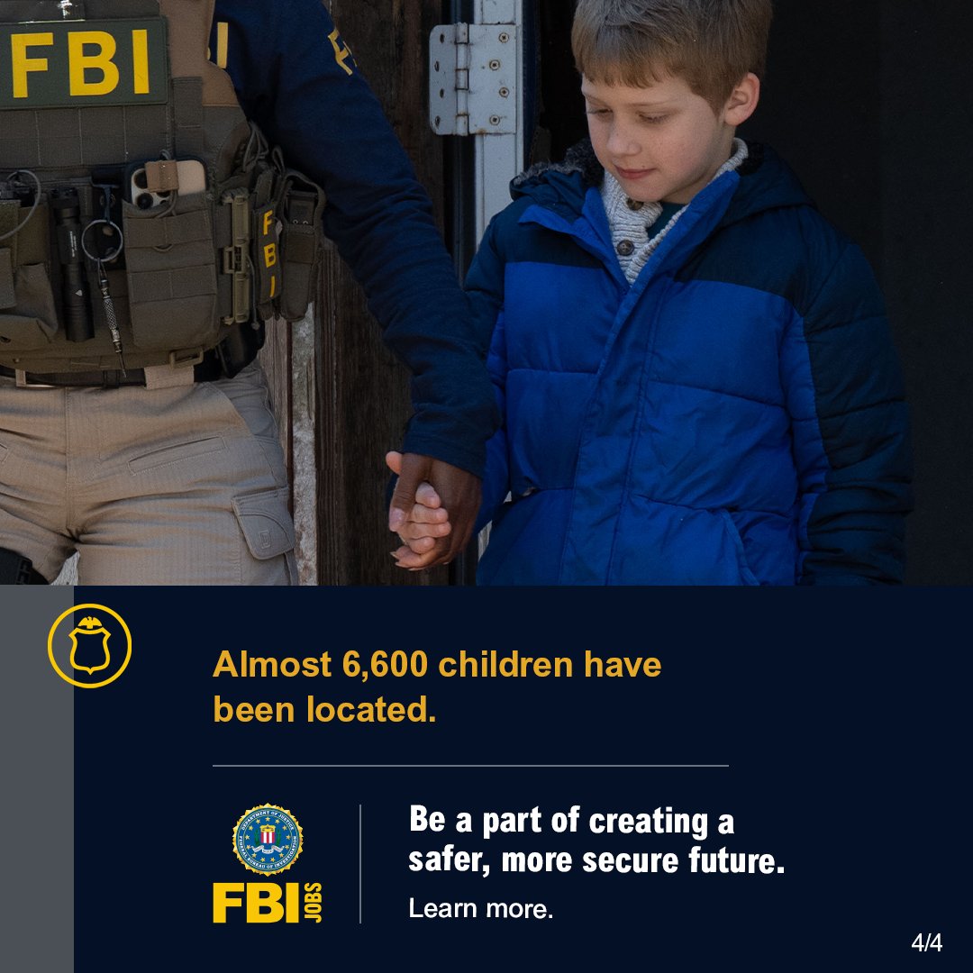 FBIJobs's tweet image. The #FBI works with #federal, #state, and #local partners to strengthen investigations involving missing children through coordinated response efforts and multidisciplinary teamwork. Be a part of creating a safer, more secure future. Apply today. #FBIJobs fbijobs.gov/featured-caree…