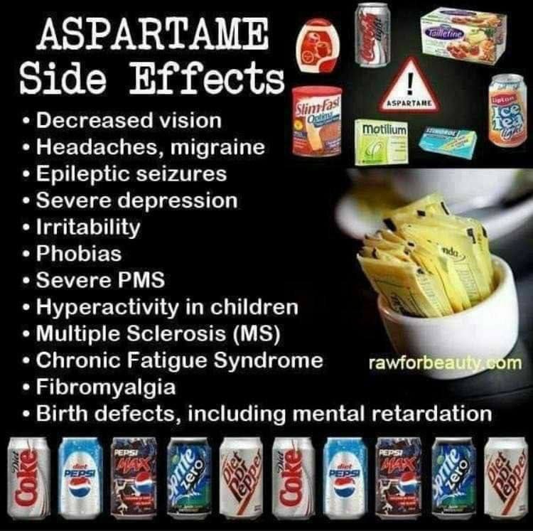Artificial Sweetener called Aspartame is actually a brain drug that stimulates your brain so you think that the food you're eating tastes sweet. You'll notice that when using Aspartame everything you eat at the same time also tastes sweet.

Aspartame breaks down to its poison