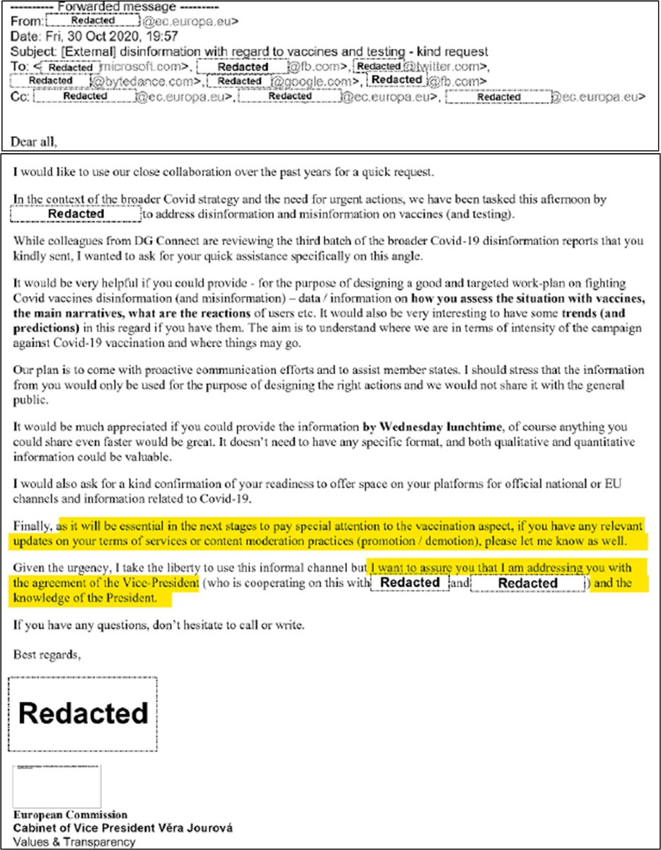 VirusWar's tweet image. Révélations :
Dès le 30 octobre 2020, la vice-présidente de la commission européenne a écrit aux plateformes pour les  pousser à censurer les contenus sceptiques sur les vaccins Covid19 et les tests.
Les plateformes devaient collaborer et relayer l'information officielle.