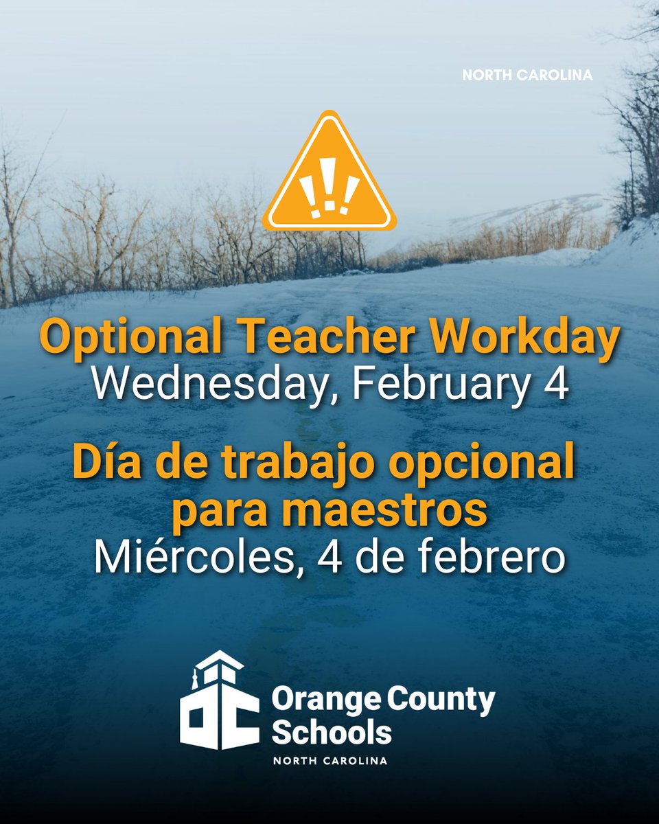 OrangeCoSchools's tweet image. ❄️Schools Closed❄️ Wednesday, February 4, OCS will be CLOSED for students. It is an optional workday for staff. 
➡️See district message regarding inclement weather at bit.ly/4bFJ79v 
➡️Weather Readiness: bit.ly/4q6X0kE
#OrangeCountyFirst