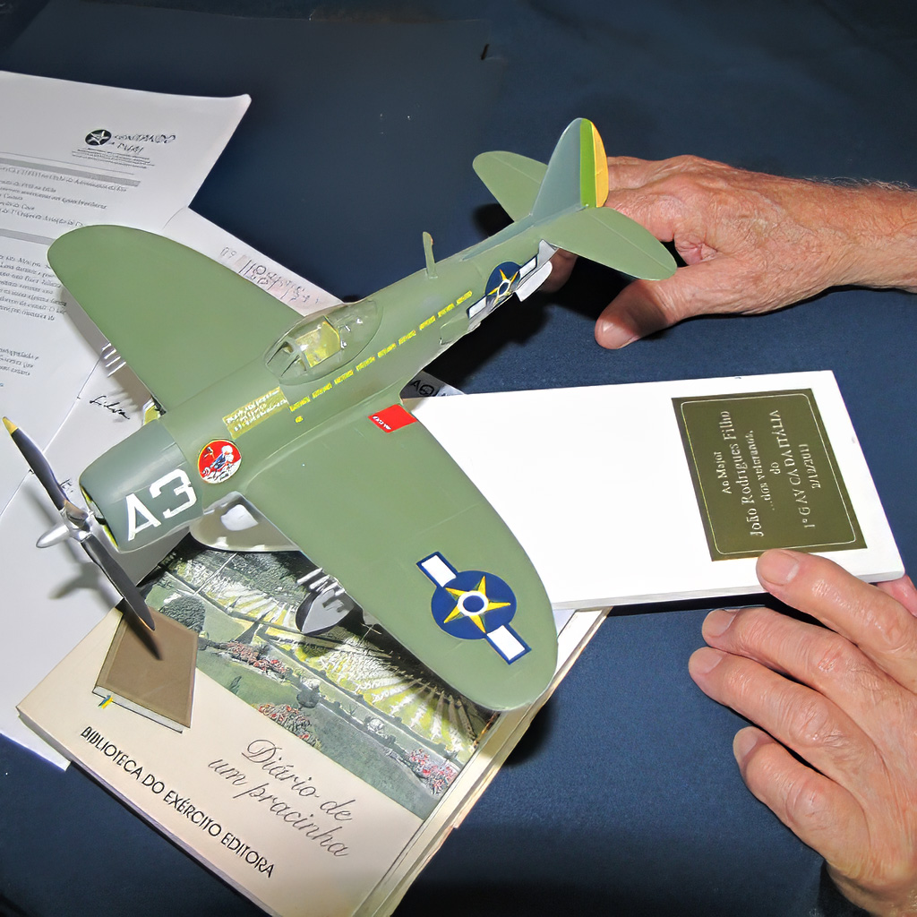 sentandoapua's tweet image. Plastimodelo do P-47D, entregue ao Veterano João Rodrigues, representando a aeronave cuja manutenção estava sob sua responsabilidade durante a guerra, CAER, 02 DEZ 2011

#veterano #P47 #Thunderbolt #Jambock #GrupoDeCaça #historia #SentaAPua #FAB #CAER