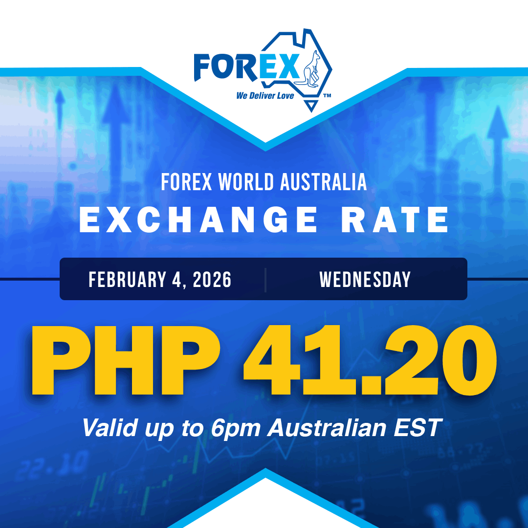 Forex World Australia Exchange Rate February 4, 2026 (Wednesday) is PHP 41.20 valid up to 6pm Australian EST.
tinyurl.com/32pzukm5
