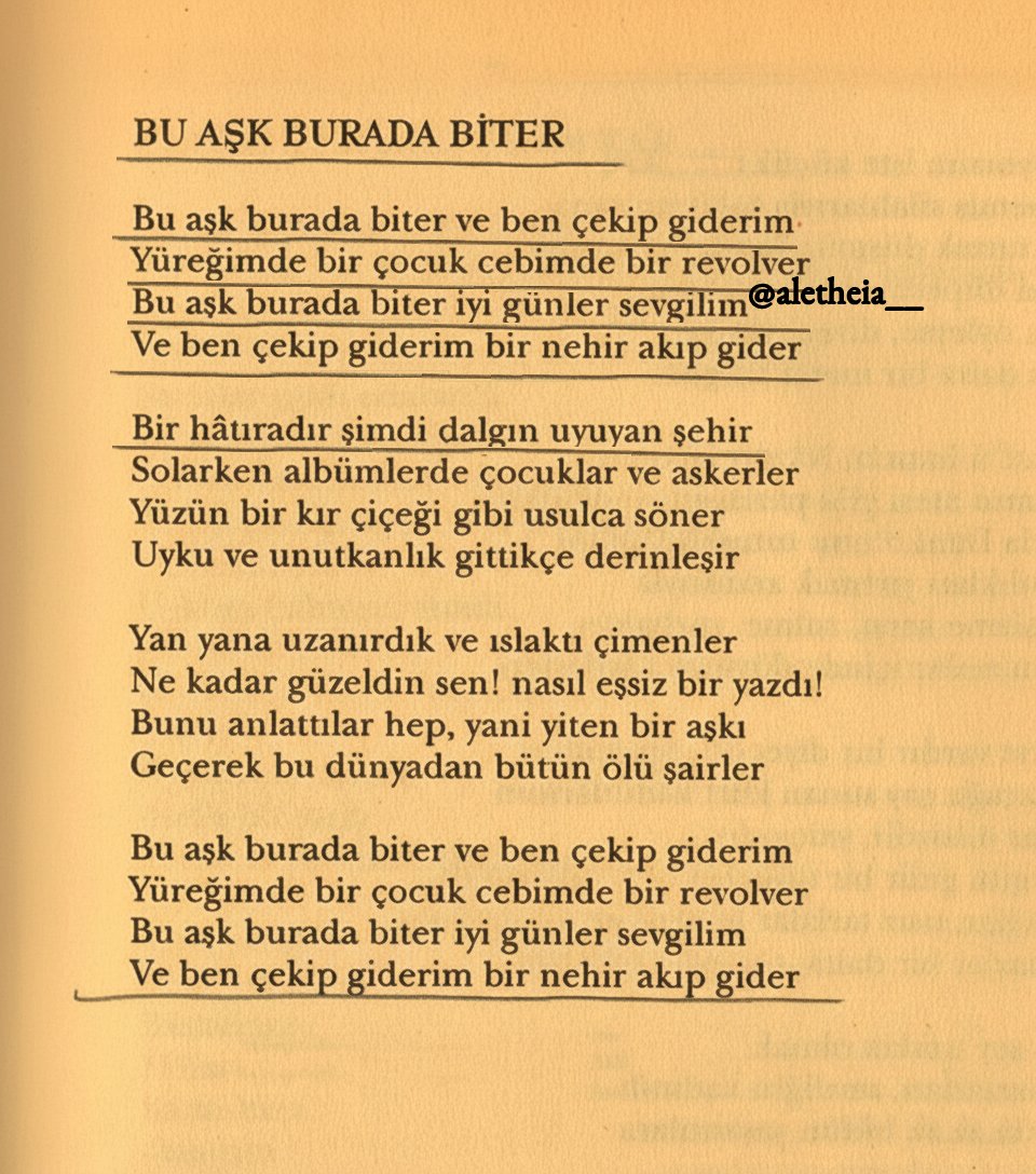 aletheia__'s tweet photo. Bu aşk burada biter ve ben çekip giderim
Yüreğimde bir çocuk cebimde bir revolver
Bu aşk burada biter iyi günler sevgilim
Ve ben çekip giderim bir nehir akıp gider 

ataol behramoğlu https://t.co/ZJrIRCPDPC