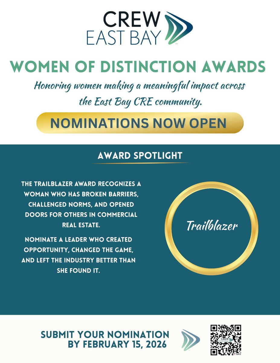 Nominations are now open for the CREW EB Women of Distinction Awards! 

Today, we're spotlighting the Trailblazer Award, honoring a woman who has broken barriers, challenged norms, and opened doors for others in CRE.

Nominations are due February 15, 2026
forms.gle/BxK1614jMNWaUj…