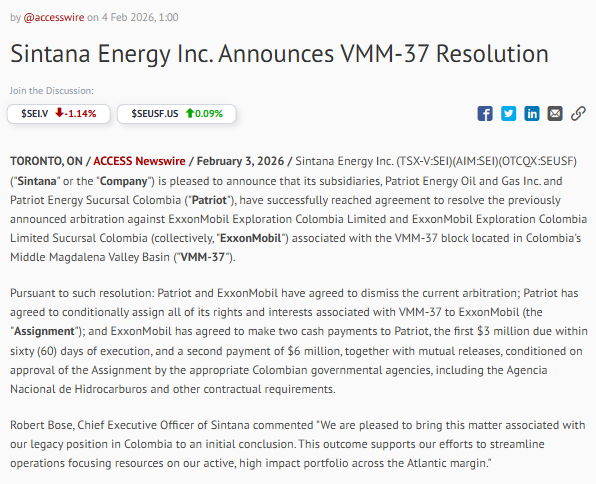 Surprising and positive news for $sei.v. Sintana will get $9 million from the Colombian asset that was stuck in arbitration for years.
