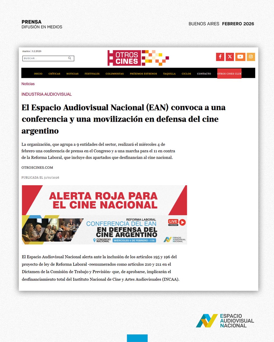 La Industria se Moviliza 
Los medios de prensa de todo el país anticipan lo que será una jornada clave para el audiovisual argentino. 📢📷 Compartimos algunas de las notas y menciones sobre la convocatoria de mañana en el Congreso Nacional
Lee la nota en: espacioaudiovisualnacional.org/clipping-de-pr…