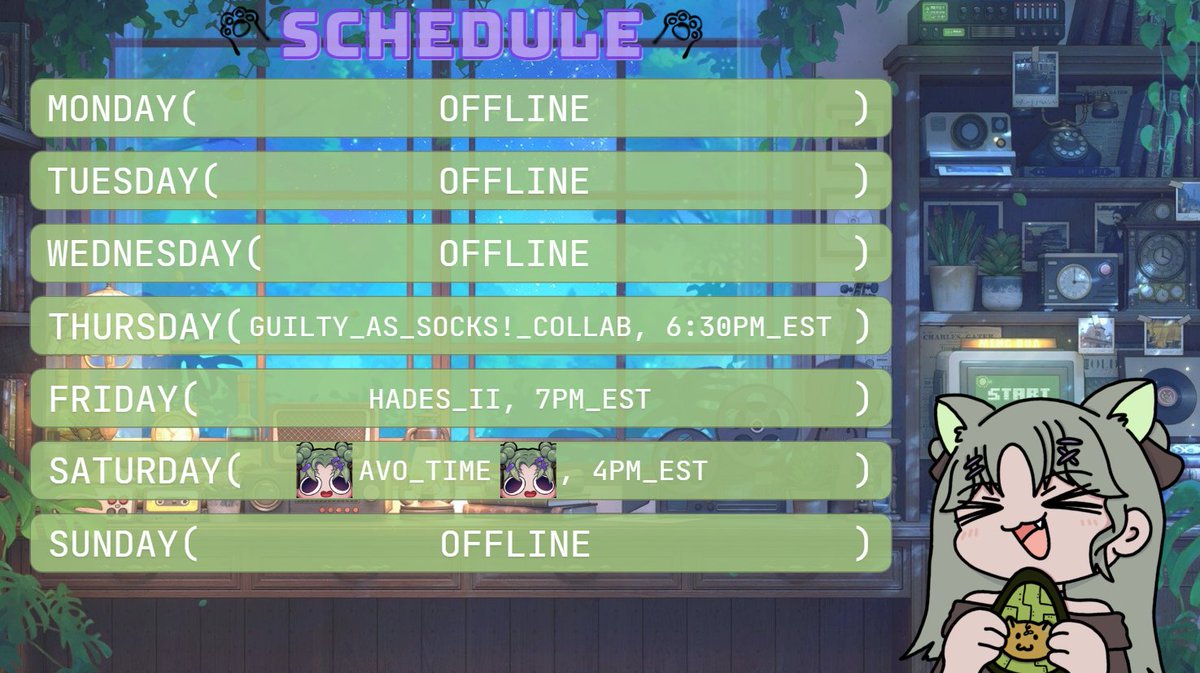 Schedule for this week! ദ്ദി(｡•̀ ,<)~✩‧₊

We got a super fun collab this week with <a href="/vumiixx/">Vumiixx 🦴 VTUBER</a>, <a href="/OtakoTan/">☆ Otako🐙📣 o̶c̵t̴o̷p̸u̷s̷ vtuber ☆</a>, <a href="/palmtoptigreVT/">Palm 🌴🐯 | Druid Elf Vtuber</a>, <a href="/StarlitAbyss_/">Scaith『Starlit Abyss』</a> &amp; <a href="/ThatG38274/">That_Goose</a> (moonygoose)! 

Then some more Hades II and Avo_Time!! :3