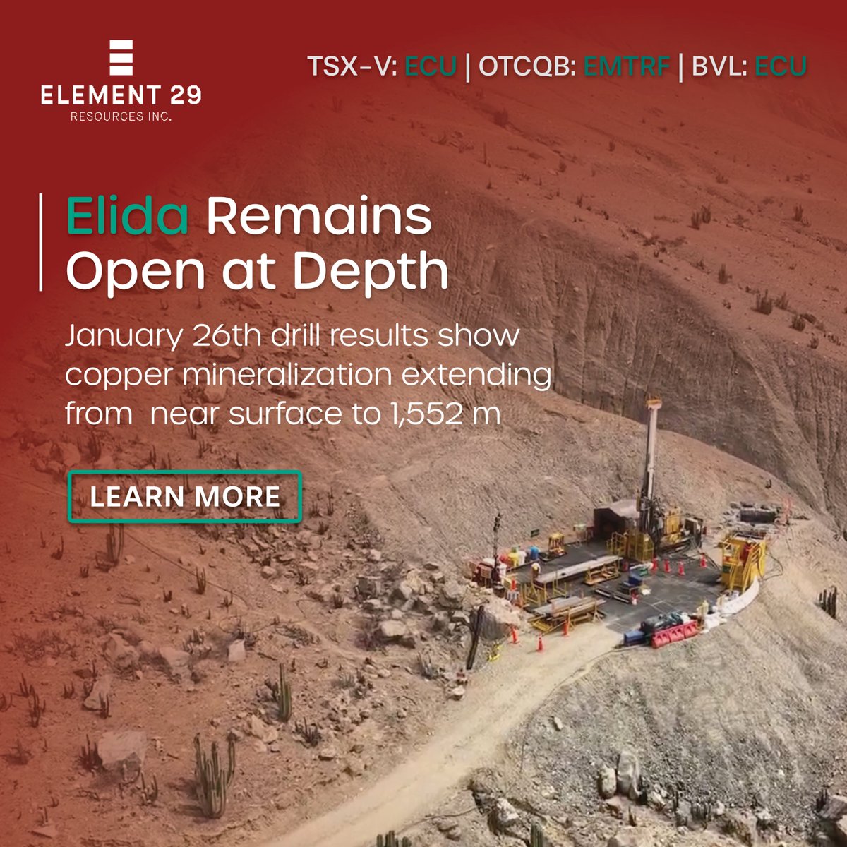 Elida Remains Open at Depth

Element 29's January 26 drill results show copper mineralization at the Elida Cu-Mo-Ag project begins near surface and extends to a depth of 1,552 metres, with the system remaining open. These results underscore the potential for meaningful resource
