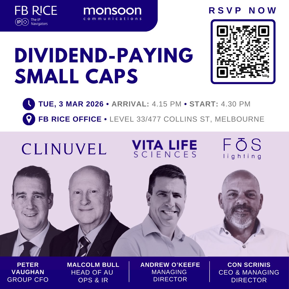 MonsoonComms's tweet photo. #TwilightInvestorBriefing is back. 

Proudly sponsored by @FB_Rice, join us for three dividend-paying #ASX small caps with strong cash flow and profits: $CUV $VLS $FOS.

Tue 3 Mar 2026 | 4.30 PM AEDT at FB Rice, Melbourne.

🔗Register now: https://t.co/DOIEHHfNIO https://t.co/ghhS6eDhGj
