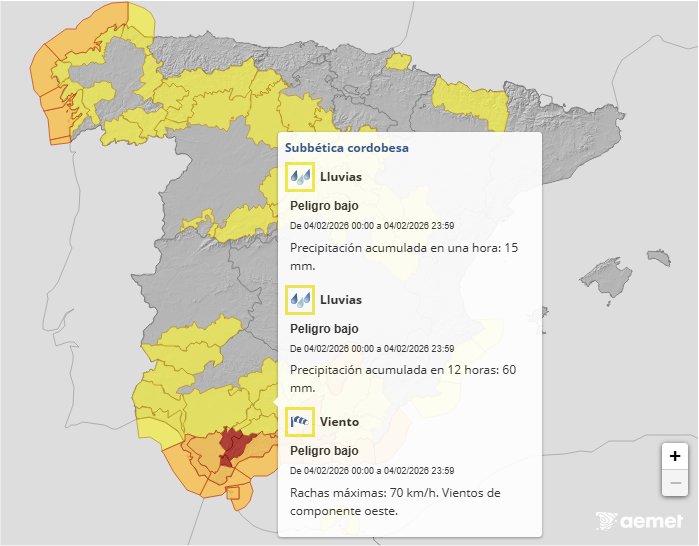 Activados avisos nivel amarillo por #viento (rachas máximas de 70 km/h) y #lluvias (precipitación acumulada en una hora de 15 mm, y de 60 mm en 12 horas).

Máxima #precaución