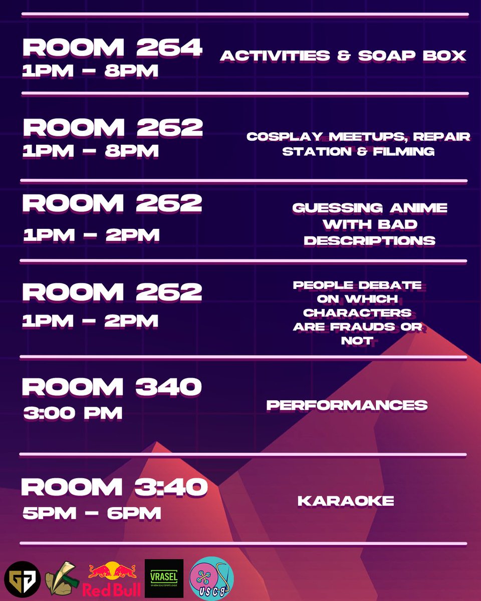 nineresports's tweet photo. ‼️ THE SCHEDULE IS OUT ‼️

Our schedule for the upcoming NINERCON is here and we’re PACKED with activities from 11 am to 8pm! Make sure you take a look through this and stop by 👀

🗓️ Date: Saturday, February 7th
📍Location: Student Union 
⏰ Time: 11am-8pm https://t.co/HZjJTBVOb3