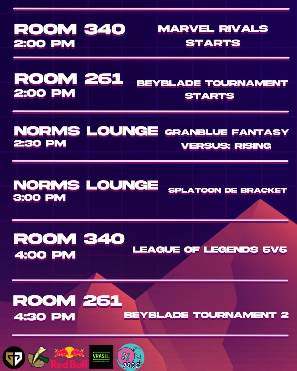 nineresports's tweet photo. ‼️ THE SCHEDULE IS OUT ‼️

Our schedule for the upcoming NINERCON is here and we’re PACKED with activities from 11 am to 8pm! Make sure you take a look through this and stop by 👀

🗓️ Date: Saturday, February 7th
📍Location: Student Union 
⏰ Time: 11am-8pm https://t.co/HZjJTBVOb3